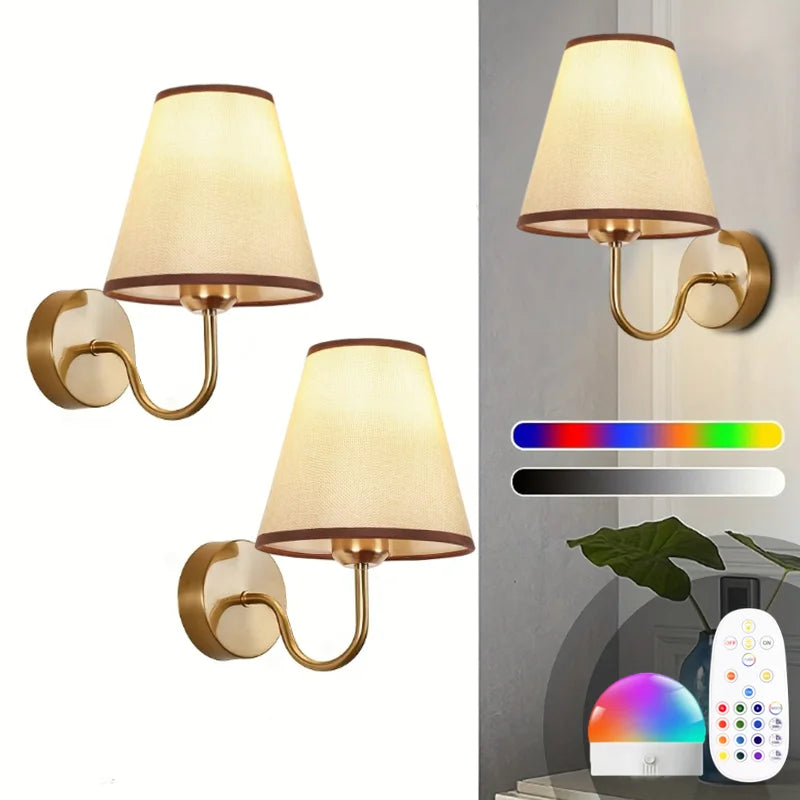 Battery-Powered Wall Light, Wireless Wall Light with Dimmable Bulb and Remote Control, Led 15-Color Rechargeable Wall Light, with Fabric, Suitable for Bedroom, Living Room, Hallway Wall Decoration